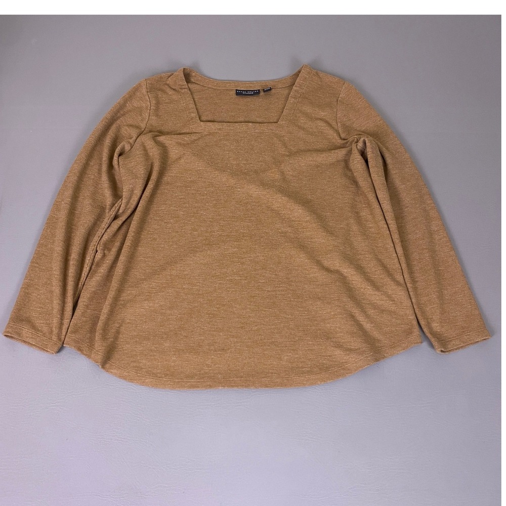 Susan Graver Weekend Tunic Top Women Plus 1X Camel Brown Waffle Knit Square Neck